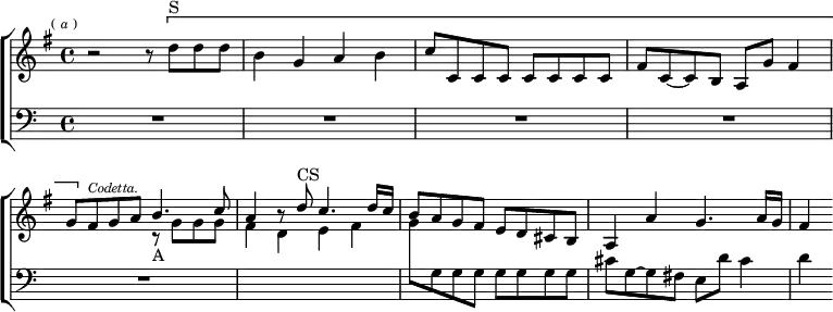  \new ChoirStaff << \override Score.BarNumber #'break-visibility = #'#(#f #f #f)
  \new Staff = "up" \relative d'' { \key g \major \time 4/4 \mark \markup \tiny { (\italic"a") }
    r2 r8 \[ d^"S" d d | b4 g a b | c8 c, c c c c c c |
    fis c ~ c b a g' fis4 | \stemUp
    g8[ \] fis^\markup \tiny \italic "Codetta." g a] b4. c8 |
    a4 r8 d^"CS" c4. d16 c | b8 a g fis e d cis b |
    a4 a' g4. a16 g | fis4 }
  \new Staff = "down" << \clef bass \time 4/4
    \new Voice \relative g' { s1 s s s \change Staff = "up" \stemDown
      s2 r8_"A" g g g | fis4 d e fis |
      g8 \change Staff = "down" g, g g g g g g |
      cis g ~ g fis e d' cis4 | d }
    \new Voice { R1*5 s1 } >> >>