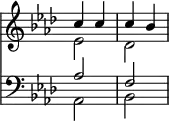 << \override Score.TimeSignature #'stencil = ##f \new Staff { \time 2/4 \key aes \major \relative c'' << { c4 c c bes } \\ { ees,2 des } >> } \new Staff { \key aes \major \clef bass << { aes2 f } \\ { aes, bes, } >> } >>