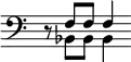 { \override Score.TimeSignature #'stencil = ##f \clef bass r8 << { f8[ f] f4 } \\ { bes,8[ bes,] bes,4 } >> }