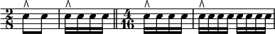 { \time 2/8 \override Score.Clef #'stencil = ##f \clef bass
 e8[^\rtoe e] | e16[^\rtoe e e e] \bar "||" \time 4/16
 e16[^\rtoe e e e] | e16*1/2[^\rtoe e e e] e[ e e e] }