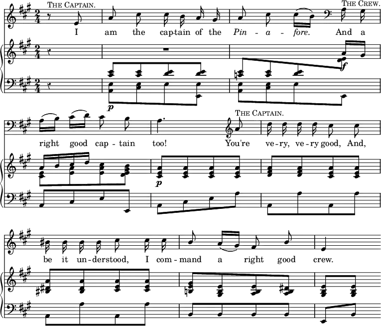 << \override Score.Rest #'style = #'classical
 \override Score.BarNumber #'stencil = ##f %% Suppress continuation bar numbering
\new Staff { \time 2/4 \key a \major \partial 4 \relative e' { \autoBeamOff
  r8^\markup { \smallCaps "The Captain." } e |
  a cis cis16 b a gis |
  a8 cis cis16([ b)] \clef bass a,^\markup { \smallCaps "The Crew." } gis | \break
  a([ b)] cis([ d)] cis8 b |
  a4. \clef treble a'8^\markup { \smallCaps "The Captain." } |
  d16 d d d cis8 cis | \break
  bis16 bis bis bis cis8 cis16 cis |
  \stemUp b8 a16[( gis]) fis8 b | e,4 } }
\addlyrics { I am the cap -- tain of the \markup { \italic { Pin } } -- \markup { \italic { a } } -- \markup { \italic { fore. } } And a right good cap -- tain too! You're ve -- ry, ve -- ry good, And, be it un -- der -- stood, I com -- mand a right good crew. }
\new GrandStaff <<
\new Staff = "1" { \key a \major \relative a' {
  \override GrandStaff.BarLine #'allow-span-bar = ##f %% Suppress bar lines through both sub-staves.
  r4 | R2 | s4. a16\f gis |
  << { a16 b cis d } \\ { <e, cis>8[ <e a> <e a cis> <d e gis b>] } >>
  <cis e a>[\p q q q] | <d fis a>[ q <cis e a> q] |
  <bis dis a'>[ q <cis e a> q] |
  <b! e gis>[ <e b gis> <e b a> <dis b a>] | <e b gis>[ q] } }
\new Staff = "2" { \clef bass \key a \major \relative e' {
  r4 |
  << { <e cis>8[\p q <e d> q] | <e c>[ q <e d> \change Staff = "1" \stemDown q] } \\
     { <e, a,>[ <e cis> e <e e,>] | <e a,>[ <e cis> e e,] } >>
  a[ cis e e,] | a[ cis e a] | a,[ a' a, a'] |
  a,[ a' a, a'] | b,[ b b b] | e,[ b'] } } >> >> 