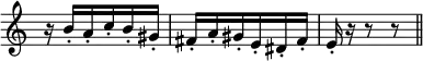 { \override Score.TimeSignature #'stencil = ##f \time 3/8 \relative b' { r16 b-. a-. c-. b-. gis-. | fis-. a-. gis-. e-. dis-. fis-. | e-. r r8 r \bar "||" } }