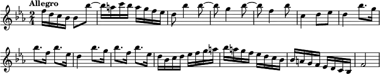 { \relative f'' { \time 2/4 \tempo "Allegro" \key ees \major \override Score.BarNumber #'break-visibility = #'#(#f #f #f)
  f16 d c bes bes8 bes' ~ | bes16 a c bes a g f ees |
  d8 bes'4 bes8 ~ | %end line 1
  bes g4 bes8 ~ | bes f4 bes8 | c,4 d8 ees |
  d4 bes'8. g16 | bes8. f16 bes8. ees,16 | %end line 2
  d4 bes'8. g16 | bes8. f16 bes8. ees,16 |
  d bes c d ees f g a | bes a g f ees d c bes | %end line 3
  bes a g f ees d c bes | f'2 } }