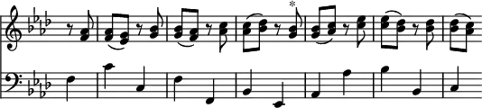 { \override Score.TimeSignature #'stencil = ##f << \new Staff { \time 2/4 \key f \minor \partial 4 \relative a' { r8 <aes f> | q( <g ees>) r <bes g> | q( <aes f>) r <c aes> | q( <des bes>) r <bes g>^"*" | q( <c aes>) r <ees c> | q( <des bes>) r <des bes> | q( <c aes>) } }
\new Staff { \clef bass \key f \minor f4 c' c f f, bes, ees, aes, aes bes bes, c } >> }