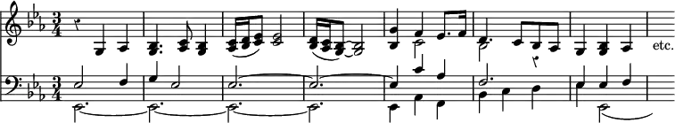 { \override Score.Rest #'style = #'classical << \new Staff { \time 3/4 \key ees \major \relative g { r4 g aes | <bes g>4. <c aes>8 <bes g>4 | <c aes>16( <d bes> <ees c>8) q2 | <d bes>16( <c aes> <bes g>8) ~ q2 | <bes g'>4 << { f' ees8. f16 | d4. c8[ bes aes] } \\ { c2 bes r4 } >> | g4 <g bes> aes | s_"etc." } }
\new Staff { \clef bass \key ees \major <<
 \new Voice { \stemUp ees2 f4 | g ees2 | ees2. ^~ ees ^~ ees4 c' aes | f2. | ees4 ees f }
 \new Voice { \stemDown \relative e, { ees2. _~ ees _~ ees _~ ees | ees4 aes f | bes c d | ees ees,2_( | s4) } } >> }
>> }