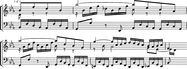 \new ChoirStaff << \override Score.Rest #'style = #'classical \override Score.TimeSignature #'stencil = ##f \override Score.BarNumber #'break-visibility = #'#(#f #f #f)
  \new Staff \relative b' { \key ees \major \time 4/4 \partial 2 \mark \markup \tiny { (\italic"d") } <<
    { bes8 f' d bes | bes'2 ^~ bes8 ees, c aes |
      aes'2 ^~ aes8 d, bes g |
      g'4 ^~ g16 c, d ees f ees d c bes aes bes c | f,4 } \\
    { d8 r r4 | r16 bes' ees g des bes des g c,8 r r4 |
      r16 aes d f c aes c f bes,8 r r4 |
      r8 bes aes2 g8 ees _~ | ees16[ d] } >> }
  \new Staff \relative b, { \clef bass \key ees \major
    bes16 f' d bes aes f' d aes |
    g8 g' r ees, aes16 ees' c aes g ees' c g |
    f8 f' r d, g16 d' bes g f d' bes f |
    e c' g e f c' aes f d bes' f d ees bes' g ees | bes'8 } >>