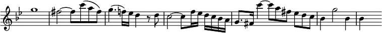 { \override Score.TimeSignature #'stencil = ##f \time 4/4 \key bes \major \relative g'' { \override TupletNumber #'stencil = ##f g1 | fis2 ~ fis8 c'( a fis) | g4.( f!16) ees d4 r8 d | c2 ~ c8 f16 ees d c bes a | g8. fis16 c''4 ~ \times 2/3 { c8 a fis } \times 2/3 { ees d c } | bes4 g'2 bes,4 | bes s } }