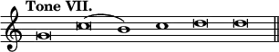 { \override Score.TimeSignature #'stencil = ##f \tempo "Tone VII." \cadenzaOn g'\breve c''( b'1) c''( d''\breve \bar ":" d'' \bar "||" }