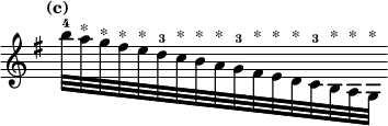 { \override Score.TimeSignature #'stencil = ##f \key g \major \tempo "(c)" \relative b'' { \stemDown b32-4[ a^"*" g^"*" fis^"*" e^"*" d-3 c^"*" b^"*" a^"*" g-3 fis^"*" e^"*" d^"*" c-3 b^"*" a^"*" g^"*"] } }