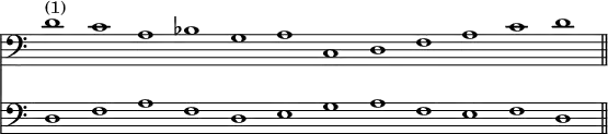 << \override Score.TimeSignature #'stencil = ##f \new Staff { \time 12/1 \clef bass d'1^"(1)" c' a bes g a c d f a c' d' \bar "||" }
  \new Staff { \clef bass d1 f a f d e g a f e f d } >>