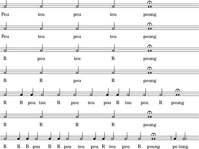 { \override Score.TimeSignature #'stencil = ##f \override Staff.StaffSymbol #'line-count = #3 \override Score.Clef #'stencil = ##f \clef percussion \override Score.BarNumber #'break-visibility = #'#(#f #f #f) \cadenzaOn \repeat unfold 4 { b2 b b b b1\fermata \bar "" \break } b2 b4 b b2 b b b b4 b b2 b b b1\fermata \bar "" \break b2 b b b b1\fermata \bar "" \break b2 b4 b b2 b4 b b2 b b4 b b2 b b b1\fermata \bar "|" b4 b2. }
\addlyrics { Pou tou pou tou poung Pou tou pou tou poung R pou tou R poung R R pou R poung R R pou tou R pou tou pou R tou pou R poung R R R R poung R R R pou R R pou tou pou R tou pou R poung po tang. }