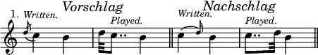 { \override Score.TimeSignature #'stencil = ##f \time 2/4 \relative c'' { \acciaccatura d8^\markup { \halign #2 "1." }^\markup { \italic \smaller Written. } c4 b \mark \markup { \italic "Vorschlag" } | d32 c8..^\markup { \italic \smaller Played. }  b4 \bar "||" \afterGrace c4(^\markup { \italic \smaller Written. } { d16)} b4 \mark \markup { \italic Nachschlag } | c8..^\markup { \italic \smaller Played. } d32 b4 \bar "||" } }