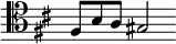 \relative f { \key d \major \clef tenor \override Score.TimeSignature #'stencil = ##f \time 2/2 fis8 b a gis2 }