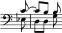 { \override Score.TimeSignature #'stencil = ##f \clef bass \partial 8 \relative c' << { c8 ~ c[ b] b } \\ { ees, d[ d] g } >> }