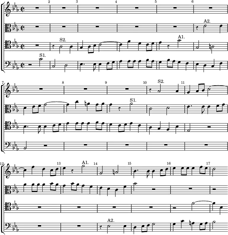 \new ChoirStaff << \override Score.BarNumber.break-visibility = ##(#f #t #t) \set Score.barNumberVisibility = #all-bar-numbers-visible \override Score.Rest #'style = #'classical
  \new Staff \relative a' { \key ees \major \time 2/2
    R1*9 r4 aes2^"S2." aes4 g4 aes8 bes c2 ~ c4 f d c8 d |
    ees4 r g2^"A1." | g,2 a | bes4. bes8 bes4 c8 d |
    ees4 ees8 ees ees4 f8 ees | d2 }
  \new Staff \relative e' { \clef alto \key ees \major
    R1*5 r4 ees2^"A2." ees4 | d ees8 f g2 ~ | g4 c a g8 a |
    g4 r aes2^"S1." | c,2 d | ees4. ees8 ees4 f8 g |
    aes4 aes8 aes aes4 bes8 aes | g4 bes8 aes g4 f |
    ees d c f | bes2 r | R1 r2 }
  \new Staff \relative a { \clef tenor \key ees \major
    R1 r4 aes2^"S2." aes4 | g aes8 bes c2 ~ | c4 f d c8 d |
    ees4 r g2^"A1." | g, a | bes4. bes8 bes4 c8 d |
    ees4 ees8 ees ees4 f8 ees | d4 c8 d ees4 c | aes g f bes ees,2 r |
    R1*4 r2 f' ~ f4 bes, }
  \new Staff \relative c' { \clef bass \key ees \major
    r2 c^"S1." c, d | ees4. ees8 ees4 f8 g |
    aes4 aes8 aes aes4 bes8 aes | g4 bes8 aes g4 f | ees d c f |
    bes,2 r | R1*6 | r4 ees2^"A2." ees4 | d ees8 f g2 |
    g4 c a g8 a | bes2 } >>