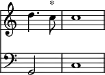 { \override Score.TimeSignature #'stencil = ##f \partial 2 << { d''4. c''8^"*" c''1 } \new Staff { \clef bass g,2 c1 } >> }