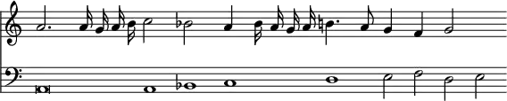 { << \override Score.TimeSignature #'stencil = ##f
\new Staff \relative a' { \cadenzaOn \autoBeamOff
 a2. a16 g a b c2 bes a4 bes16 a g a b4. a8 g4 f g2 }
\new Staff \relative a, { \clef bass
 a\breve*1/2 a1*1/2 bes c d e2*1/2 f d e } >> }