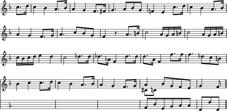 { << \new Staff \relative c'' { \key f \major \time 3/4 \override Score.TimeSignature #'stencil = ##f \partial 4 \override Score.Rest #'style = #'classical \override Score.BarNumber #'break-visibility = #'#(#f #f #f)
  c8. d16 | c4 bes a8. bes16 | a4 g f8. fis16 |
  g4. a8 bes g | f!4 e c'8. d16 | %end line 1
  c4 bes a8. bes16 | a4 g f8. g16 | a4. c8 bes g | f4 r a8. b16 %eol2
  c2 a16 g a b | c2 a16 g a b | c bes c d e4 d | c2 des8. des16 %eol3
  des8. aes16 f4 des'8. des16 | d8. a16 f4 f'8. f16 |
  f4. des8 c b | bes4 c c8. d16 | %end line 4
  c4 bes a8. bes16 | a4 g f8. g16 |
  << { a4 } \\ { cis,8[ c] } >> bes' g f e | g4 f8 \bar "||" }
\new Staff \with { \RemoveAllEmptyStaves } \relative a, { \override Staff.Clef #'stencil = ##f \key f \major \clef bass
  s4 s2. s s s | s s s s | s s s s | s s s s |
  s s | a8 d g, bes c c | f,[ f' f,] } >> } 