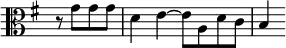 \relative g' { \clef alto \key g \major \time 2/2 \partial 2 \override Score.TimeSignature #'stencil = ##f r8 g g g | d4 e ~ e8 a, d c | b4 }