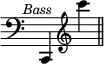 { \override Score.TimeSignature #'stencil = ##f \clef bass c,4^\markup { \halign #0.25 \smaller \italic Bass } \clef treble c''' \bar "||" }