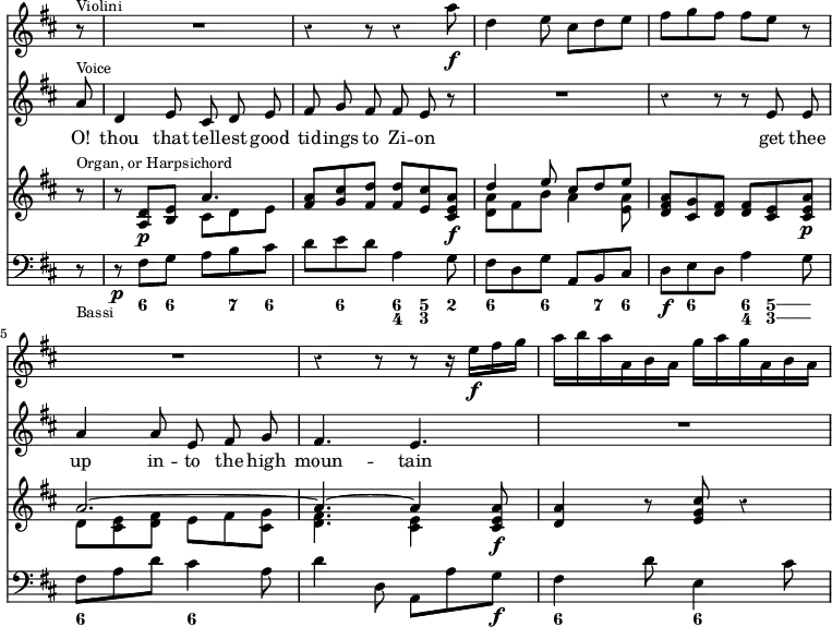 << \new Staff { \override Score.TimeSignature #'stencil = ##f \time 6/8 \override Score.Rest #'style = #'classical \key d \major \partial 8 \relative a'' { r8^\markup { \smaller Violini } | R2. | r4 r8 r4 a8\f | d,4 e8 cis d e | fis g fis fis e r | R2. r4 r8 r r16 e\f fis g | a b a a, b a g' a g a, b a | } }
\new Staff { \key d \major \relative a' { \autoBeamOff a8^\markup { \smaller Voice } | d,4 e8 cis d e | fis g fis fis e r | R2. | r4 r8 r e e | a4 a8 e fis g | fis4. e | R2. } }
\addlyrics { O! thou that tell -- est good tid -- ings to Zi -- on get thee up in -- to the high moun -- tain }
\new Staff { \key d \major \relative d' { r8^\markup { \smaller "Organ, or Harpsichord" } | r <d a>\p <e b> << { a4. ~ } \\ { cis,8 d e } >> | <a fis> <g cis> <fis d'> q <e cis'> <a e cis>\f | << { d4 e8 cis d e } \\ { <a, d,> fis b a4 <a e>8 } >> | <a fis d> <g cis,> <fis d> q <e cis> <a e cis>\p << { a2. ~ a4. ~ a4 } \\ { d,8 <e cis> <fis d> e fis <g cis,> | <fis d>4. <e cis>4 } >> <cis e a>8\f | <d a'>4 r8 <e g cis> r4 } }
\new Staff { \clef bass \key d \major \relative f { r8_\markup { \smaller Bassi } r\p fis g a b cis | d e d a4 g8 | fis d g a, b cis | d\f e d a'4 g8 | fis a d cis4 a8 | d4 d,8 a a' g\f | fis4 d'8 e,4 cis'8 } }
\figures { <_>4 <6>8 <6>4 <7>8 <6>4 <6> <6 4>8 <5 3> <2> <6>4 <6> <7>8 <6>4 <6> <6 4>8 \bassFigureExtendersOn <5 3> <5 3> \bassFigureExtendersOff <6>4. <6> <_>2. <6>4. <6> } >>