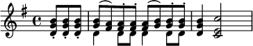 { \key g \major \time 4/4 \partial 4. \relative b' { <b g d>8-.[ q-. q-.] | << { <b g>^([ <a fis>) q-. q-.] q^([ <g b>) q-. q-.] | <b g d>4 <c e, c>2 s4 } \\ { d,4 d8 d d4 d8 d } >> } }