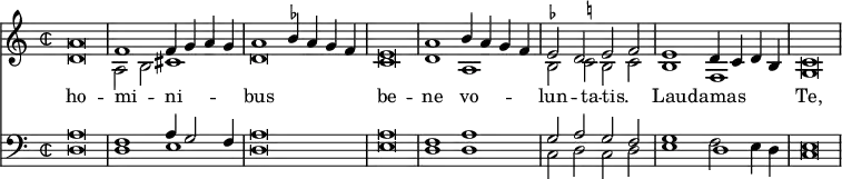 << \override Score.TimeSignature #'style = #'neomensural
 \new Staff << \time 2/2 \new Voice \relative a' { \stemUp \cadenzaOn a\breve \bar "|" f1 f4 g a g \bar "|" a1 \set suggestAccidentals = ##t bes4 a g f \bar "|" e\breve \bar "|" a1 bes4 a g f \bar "|" e2 d e f \bar "|" e1 d4 c d bes \bar "|" c\breve \bar "|" }
\new Voice \relative d' { \stemDown \cadenzaOn d\breve a2 b cis1 d\breve cis
  \set suggestAccidentals = ##t d1 a bes2 c bes c | bes1 f | g\breve } 
\addlyrics { ho -- mi -- _ ni -- bus be -- ne vo -- lun -- ta -- tis. _ Lau -- damas Te, } >>
\new Staff << \clef bass \new Voice { \stemUp \cadenzaOn a\breve f1 a4 g2 f4 | a\breve a | f1 a | g2 a g f g1 d e\breve }
\new Voice { \stemDown \cadenzaOn d\breve | d1 e d\breve e | d1 d | c2 d c d | e1 f2 e4 d | c\breve } >> >>