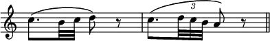 { \override Score.TimeSignature #'stencil = ##f \override TupletBracket #'direction = #UP \override TupletBracket.bracket-visibility = ##f \time 2/4 \relative c'' { c8.\( b32 c d8\) r | c8.\( \times 2/3 { d32 c b } a8\) r \bar "||" } }