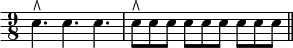 { \time 9/8 \override Score.Clef #'stencil = ##f \clef bass
 e4.^\rtoe e e | e8^\rtoe e e e e e e e e \bar "||" }