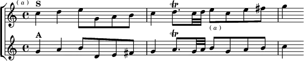  \new ChoirStaff <<
  \new Staff \relative c'' { \key c \major \time 4/4 \mark \markup \tiny { ( \italic a ) }
    c4^\markup \bold "S" d e8 g, a b |
    c4 d8.\trill c32 d e8_\markup \tiny { ( \italic a ) } c e fis g4 }
  \new Staff \relative g' { \key c \major
    g4^\markup \bold "A" a b8 d, e fis |
    g4 a8.\trill g32 a b8 g a b | c4 } >>