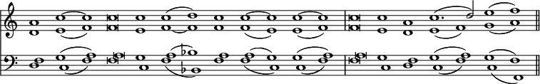 << \new Staff { \override Score.TimeSignature #'stencil = ##f <<
\new Voice { \relative a' { \cadenzaOn \stemUp a1 c ^~ c \bar ":" c\breve c1 c^( d) c c ^~ c c ^~ c \bar "|" c\breve c1 a c1.^( d2) e1^( f) \bar "||" } }
\new Voice { \relative d' { \cadenzaOn d1 e_( f) f\breve e1 f _~ f f f_( e) e_( f) f\breve e1 d e_( f) g_( a) } } >> }
\new Staff { \clef bass <<
\new Voice { \cadenzaOn f1 g^( a) \bar ":" a\breve g1 a^( bes) a a^( g) g^( a) a\breve g1 f g^( a) g^( f) }
\new Voice { \cadenzaOn d1 c_( f) f\breve c1 f_( bes,) f f_( c) c_( f) f\breve c1 d c_( f) c_( f,) } >> } >>