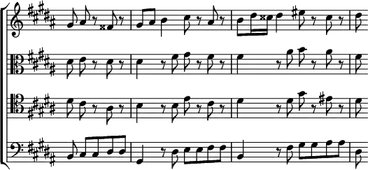 \new ChoirStaff << \override Score.Rest #'style = #'classical \override Score.TimeSignature #'stencil = ##f
  \new Staff \relative g' { \key gis \minor \time 4/4 \partial 8*5
    gis8 ais r fisis r | gis ais b4 cis8 r ais r |
    b dis16 cisis dis4 eis8 r cisis r | dis }
  \new Staff \relative d' { \clef alto \key gis \minor
    dis8 e r dis r | dis4 r8 fis gis r fis r |
    fis4 r8 ais b r ais r | fis }
  \new Staff \relative d' { \clef tenor \key gis \minor
    dis8 cis r ais r | b4 r8 b e r cis r |
    dis4 r8 dis gis r eis r | dis }
  \new Staff \relative b, { \clef bass \key gis \minor 
    b8 cis cis dis dis | gis,4 r8 dis' e e fis fis |
    b,4 r8 fis' gis gis ais ais | dis, } >>