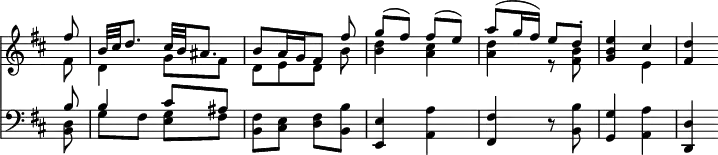 { \override Score.TimeSignature #'stencil = ##f \time 2/4 \key d \major \partial 8 << \relative f'' << { fis8 | b,32 cis d8. cis32 b ais8. | b8[ a16 g fis8] fis' | g( fis) fis( e) | a( g16 fis) e8 d-. | <e b g>4 cis | <d fis,> } \\ { fis,8 | d4 g8 fis | d[ e d] b' | <d b>4 <cis a> | <d a> r8 <b fis> | s4 e, } >>
\new Staff { \clef bass \key d \major \relative b << { b8 b4 cis8 ais } \\ { <d, b>8 g fis <g e> fis } >> <fis b,> <e cis> <fis d> <b b,> | <e e,>4 <a a,> | <fis fis,> r8 <b b,> | <g g,>4 <a a,> | <d d,> } >> }