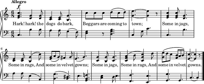 
\new PianoStaff <<
\relative c'' <<
\new Staff { \time 6/8 \tempo "Allegro" \dynamicUp
<c g e>4.\f <g d>4 <g d>8 | <e c>4 <e c>8 <g b,>4. | c8 c c d\(c d\) | <e g,>4.~<e g,>4 r8 | <c g e>4 <c g e>8 <g d>4.  | <e c>4 <e c>8 <g b,>4\(c8\)| <g e>\(\melisma a  \melismaEnd g\) fis4 g8 | e4.(g) | <g c,>4 <g b,>8 <g c,>4. | <a f c>4\(b8 <c g c,>4\) d8 | <e g,>\(\melisma d \melismaEnd c <b f> \melisma  a \melismaEnd b\) | <c e,>4.~<c e,>4 r8 \bar "|."
}
\addlyrics {Hark! hark! the dogs do bark, Beg -- gars are com -- ing to town;_ Some in jags, Some in rags, And some in vel -- vet gowns;__ Some in jags, Some in rags, And some in vel -- vet gowns.__
}
>>

\new Staff {
\clef bass
c4. b4 b8 | a4 8 g4 (f8) | <g e>4 r8 <b g d>4. | c4 g8 c'4. | c4. b | a4 a8 e4 (a,) | <g b,>4. (<dis b,>) | e <f! b, g,> | <e c>4 d8 e4. | <f f,> <e e,> | <g g,> g, | c (c4) 
}
>>
