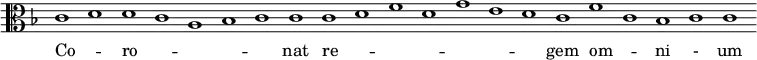 { \override Score.TimeSignature #'stencil = ##f \clef alto \key f \major \relative c' { \cadenzaOn c1 d d c a bes c c c d f d g e d c f c bes c c } \addlyrics { Co -- _ ro -- _ _ _ _ nat re -- _ _ _ _ _ _ gem om -- _ ni - um } }