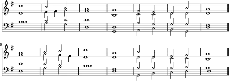 { \override Score.TimeSignature #'stencil = ##f \time 4/4 \key g \major << \relative d'' << { d1 c2 b a1 \bar "||" g fis2 e d b' a1 \bar "||" \break a b2 c d1 \bar "||" a b2 d, e fis g1 \bar "||" } \\ { d1 e4 fis g2 fis1 b, c2 c d d d1 fis g2 fis4 e d1 d d2 d c c b1 } >>
\new Staff { \clef bass \key g \major \relative b << { b1 c2 d d1 d, a'2 g g g fis1 d' d2 c b1 fis g2 g g a d,1 } \\ { b'1 a2 g d1 g, a2 c b g d'1 d g2 a b1 d, g,2 b c d g1 } >> } >> }