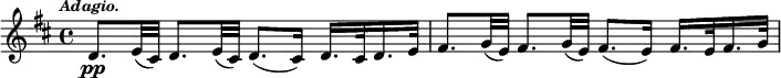 { \time 4/4 \key d \major \tempo \markup { \smaller \italic Adagio. } \relative d' { d8.\pp e32( cis) d8. e32( cis) d8.( cis16) d16. cis32 d16. e32 fis8. g32( e) fis8. g32( e) fis8.( e16) fis16. e32 fis16. g32 } }