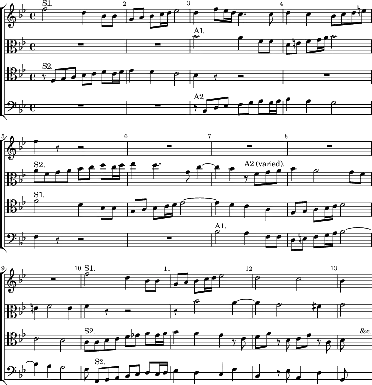 \new ChoirStaff << \override Score.Rest #'style = #'classical \override Score.BarNumber.break-visibility = ##(#f #t #t) \set Score.barNumberVisibility = #all-bar-numbers-visible
  \new Staff \relative f'' { \key bes \major \time 4/4
    f2^"S1." d4 bes8 bes | g a bes c16 d ees2 |
    d4 f8 ees16 d c4. c8 | d4 c bes8 c d e | f4 r r2 | R1*4
    f2^"S1." d4 bes8 bes | g a bes c16 d ees2 | d c | bes4 s }
  \new Staff \relative a' { \key bes \major \clef alto
    R1*2 bes2^"A1." a4 f8 f | d e f g16 a bes2 |
    a8^"S2." f g a bes c d c16 d | ees4 d4. g,8 c4 ~ |
    c bes r8^"A2 (varied)." f g a | bes4 a2 g8 f |
    e4 f2 e4 | f r r2 | r4 bes2 a4 ~ | a g2 fis4 | g2 }
  \new Staff \relative f { \clef tenor \key bes \major
    r8^"S2." f g a bes c d c16 d | ees4 d c2 | bes4 r r2 | R1
    f'2^"S1." d4 bes8 bes | g a bes c16 d ees2 ~ |
    ees4 d c a | f8 g a bes16 c d2 | c bes |
    a8^"S2." a bes c d ees! f ees16 f |
    g4 f ees r8 c | d f r bes, c ees r a, | bes s s4^"&c." }
  \new Staff \relative b, { \clef bass \key bes \major
    R1*2 r8^"A2." bes d ees f g a g16 a | bes4 a g2 | f4 r r2 R1 |
    bes2^"A1." a4 f8 f d e f g16 a bes2 ~ | bes4 a g2 |
    f8 f,[^"S2." g a] bes[ c] d[ c16 d] |
    ees4 d c f | bes, r8 ees a,4 d | g,8 s s4 } >>