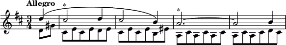 { \key d \major \time 3/4 \tempo "Allegro" \partial 4 \relative d'' { << { d4\( | cis2^"*" d4 | cis2 b4\) | a2.^"*" ~ | a2 b4 } \\ { d,8 gis | cis, e cis e d e | cis e cis e b eis | a, cis a cis a cis | a cis a cis d cis } >> } }