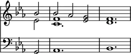 { \override Score.TimeSignature #'stencil = ##f \time 3/2 \key ees \major \partial 2 << \relative b' << { bes2 bes aes <g ees> <f d>1. } \\ { ees2 c1. } \\ { s2 f1 } >> \new Staff { \clef bass \key ees \major \relative g, { g2 aes1. bes } } >> }