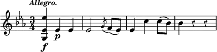 { \time 3/4 \key ees \major \override Score.Rest #'style = #'classical \tempo \markup { \smaller \italic Allegro. } \relative g { <g ees' ees'>4\f ees'\p ees ees2 \acciaccatura g8 f8( ees) ees4 c' c8( bes) bes4 r r } }