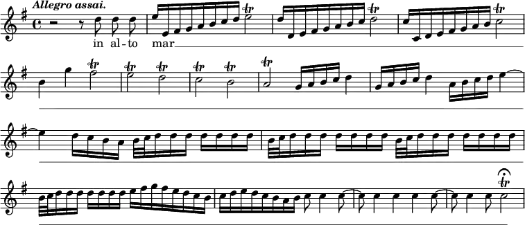 { \relative d'' { \override Score.BarNumber #'break-visibility = #'#(#f #f #f) \key g \major \tempo \markup \italic "Allegro assai." r2 r8 d d\noBeam d |
 e16[ e, fis g a b c d] e2\trill |
 d16[ d, e fis g a b c] d2\trill | %end line 1
 c16[ c, d e fis g a b] c2\trill |
 b4 g' fis2\trill | e\trill d\trill | c\trill b\trill | %end line 2
 a\trill g16 a b c d4 |
 g,16 a b c d4 a16 b c d e4 ~ | e d16 c b a %end line 3
 \repeat unfold 4 { b32 c d16 d d d d d d } %first half line 5
 e[ fis g fis e d c b] | c[ d e d c b a b] c8 c4 c8 ~ | %end line 5
 c c4 c c c8 ~ c c4 c8 c2\trill\fermata }
\addlyrics { in al -- to mar __ _ _ _ _ _ _ _ _ _ _ _ _ _ _ _ _ _ _ _ _ _ _ _ _ _ _ _ _ _ _ _ _ _ _ _ _ _ _ _ _ _ _ _ _ _ _ _ _ _ _ _ _ _ _ _ _ _ _ _ _ _ _ _ _ _ _ _ _ _ _ _ _ _ _ _ _ _ _ _ _ _ _ _ _ _ _ _ _ _ _ _ _ _ _ _ _ _ _ _ _ _ _ _ _ _ _ _ _ _ _ _ _ _ _ _ } }