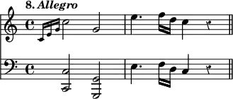 { \override Score.Rest #'style = #'classical \time 4/4 \tempo \markup { 8. \italic Allegro } << \relative c' { \grace { c16[ e g] } c2 g2 | e'4. f16 d c4 r \bar "||" }
\new Staff { \clef bass \relative c { \grace { s16 s s } <c c,>2 <g g,> | e'4. f16 d c4 r | } } >> }