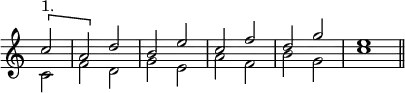 { \new Staff << \override Score.TimeSignature #'stencil = ##f \time 2/2 \partial 2
\new Voice \relative c'' { \stemUp
  \[ c2^"1." | a \] d | b e | c f | d g | e1 \bar "||" }
\new Voice \relative c' { \stemDown
  c2 | f d | g e | a f | b g | c1 } >> }