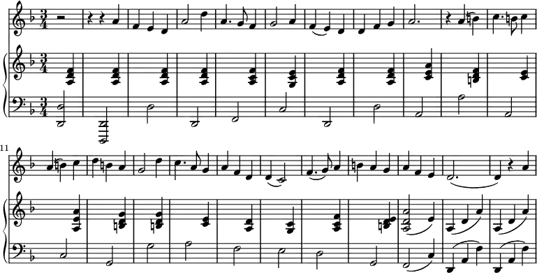 
<<
\new Staff 
 \relative c''
{
\time 3/4
\key f \major
\partial 2
r2 r4 r4
a f e d a'2 d4 a4. g8 f4 g2 a4 f (e) d d f g a2. r4 a (b) c4. b8 c4 a (b) c d b a g2 d'4 c4. a8 g4 a f d d (c2) f4. (g8) a4 b a g a f e d2. (d4) r a' 
}
\new PianoStaff <<
\new Staff {
\key f \major 
s4 <f' d' a>4
s2 <f' d' a>4
s2 <f' d' a>4
s2 <f' d' a>4
s2 <f' c' a>4
s2 <e' c' g>4
s2 <f' d' a>4
s2 <f' d' a>4
s2 <a' e' c'>4
s2 <f' d' b>4
s2 <e' c'>4
s2 <a' e' a>4
s2 <g' d' b>4
s2 <g' d' b>4
s2 <e' c'>4
s2 <d' a>4
s2 <c' g>4
s2 <f' c' a>4
s2 <e' d' b>4
<a' d' a>2 (e'4)
a (d' a') a (d' a')
}
\new Staff {
\clef bass 
\key f \major
<d d,>2 s4
<d, d,,>2 s4
d2 s4 d,2 s4 f,2 s4 c2 s4 d,2 s4 d2 s4 a,2 s4 a2 s4 a,2 s4 c2 s4 g,2 s4 g2 s4 a2 s4 f2 s4 e2 s4 d2 s4 g,2 f,2 (c4) d, (a, f) d, (a, f)
}
>>
>>
