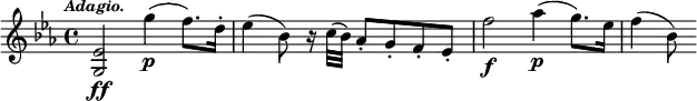 { \time 4/4 \key ees \major \tempo \markup { \smaller \italic Adagio. } \relative e' { <ees g,>2\ff g'4\p( f8.) d16-. ees4( bes8) r16 c32( bes) aes8-. g-. f-. ees-.) f'2\f aes4(\p g8.) ees16 f4( bes,8) } }