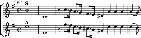  \new ChoirStaff << \override Score.Rest #'style = #'classical
 \new Staff \relative b' { \key e \minor \time 4/4 \mark \markup \tiny { (\italic"g") }
    b1^\markup \bold "S" c, | r4 c'8. b16 a8. g16 fis8. e16 |
    dis4 a' a a | a( g8) }
  \new Staff \relative e'' { \key e \minor
    e1^\markup \bold "A" fis, | r4 g'8. fis16 e8. d16 cis8. b16 |
    ais4 e' e e | e( d8) } >>