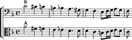  \new ChoirStaff <<
  \new Staff \relative d' { \clef bass \key d \minor \time 4/4
    d2^\markup \bold "S" cis4 c | b bes a4. gis8 |
    g4 f e8 f16 g a8 g | f }
  \new Staff \relative a' { \clef alto \key d \minor
    a2^\markup \bold "A" fis4 f | e ees d4. d8 |
    d4 c b8 c16 d e8 d | c } >>