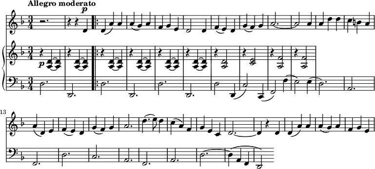 
\relative c' {
  <<
\new Staff {
\time 3/4
\key f \major
\dynamicUp
\tempo "Allegro moderato" 
 r2. r4 r d\p 
\bar ".|:"
d (a') a a (g) a f g e d2 d4 f (e) d g (f) g a2.~ a2 a4 a d d c b a a (d,) e f (e) d g (f) g a2. d4. (e8) d4 c (a) f g e c d2.~ d4 r d d (a') a a (g) a f g e
}
  \new GrandStaff <<
    \new Staff {
\key f \major
      r4\p <a, d>~ <a d> r4 <a d>~ <a d> r4 <a d>~ <a d> r4 <a d>~ <a d> r4 <a d>~ <a d> r4 <a d>~ <a d> r4 <a d>2 r4 <c e>2  r4 <a f'>2 r4 <a f'>2
    }
    \new Staff {
      \clef "bass"
\key f \major
     d,2. d,2. d'2. d,2. d'2. d,2. d'2 d,4 (c'2) c,4 (f2) f'4 (e2) e4 (d2.) a f d' c a f a d2.~ d4 (a f d2)
    }
  >>
>>
}
