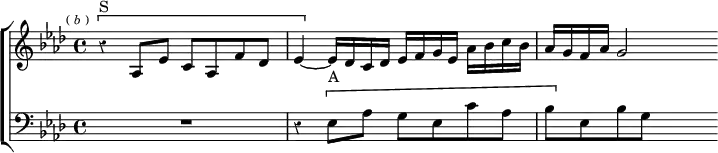  \new ChoirStaff << \override Score.Rest #'style = #'classical
  \new Staff \relative a { \key aes \major \time 4/4 \mark \markup \tiny { (\italic"b") }
    \[ r4^"S" aes8 ees' c aes f' des |
    ees4 ~ \] ees16 des c des ees f g ees aes bes c bes |
    aes g f aes g2 }
  \new Staff \relative e { \clef bass \key aes \major
    R1 | r4 \[ ees8^"A" aes g ees c' aes | bes[ \] ees, bes' g] s4 } >>